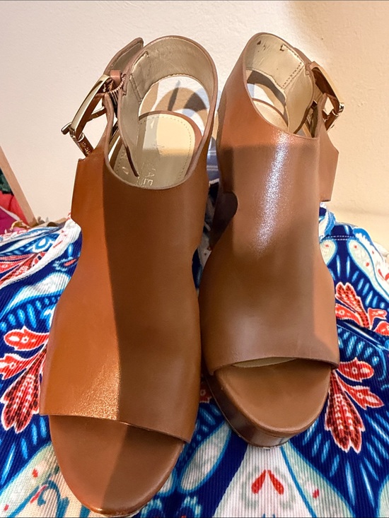 MICHAEL Michael Kors Cognac Open-Toe Wedge Sandals with Ankle Buckle